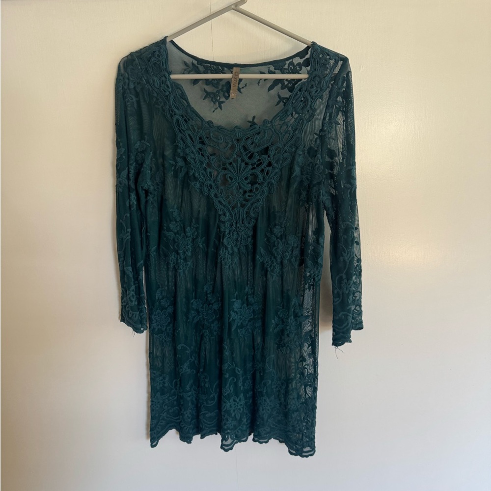 XCVI Teal Floral Lace Top